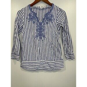 Vineyard Vines Top Women's XXS Blue White Striped‎ Linen Blend Embroidered